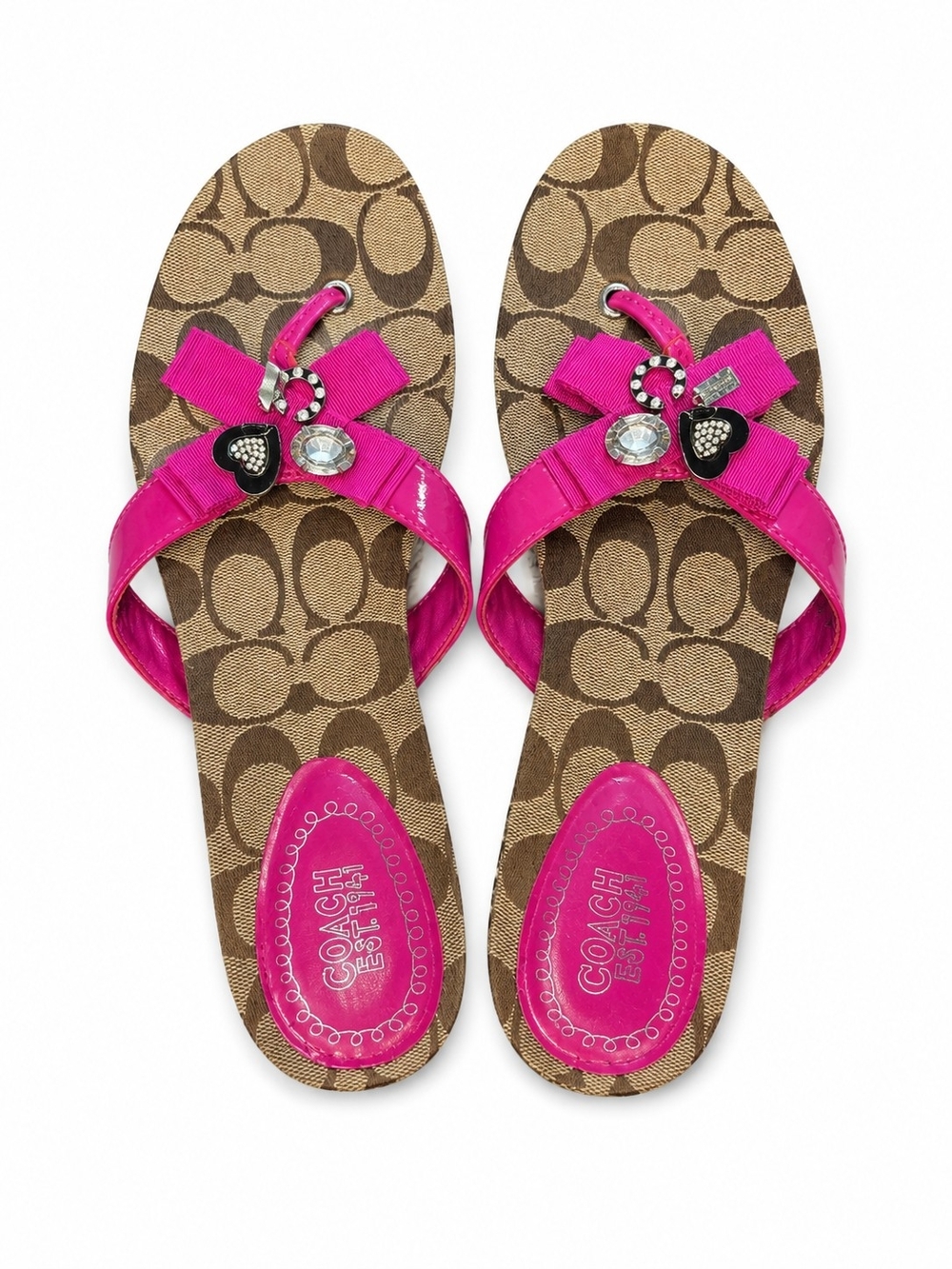 Coach Hot Pink Patent Bow With Silver Charms Flip Flop Sandals Size 8.5